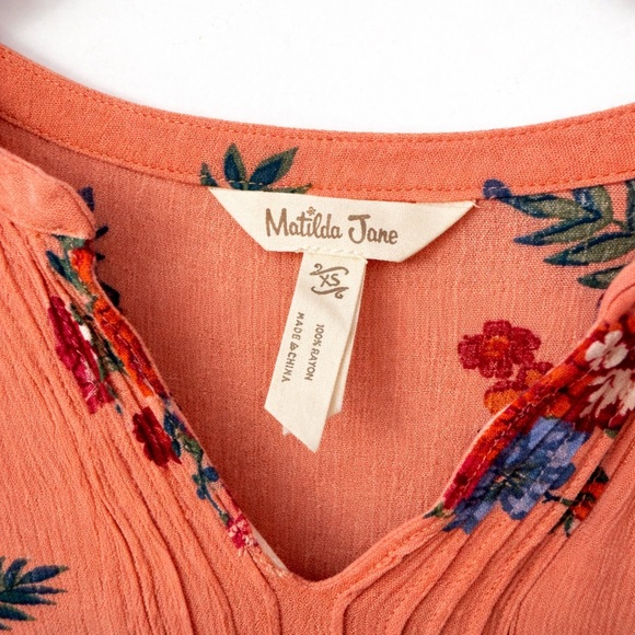 Matilda Jane Floral Mini Dress XS Coral Pink Empire Waist Boho Cottagecore - Picture 4 of 7